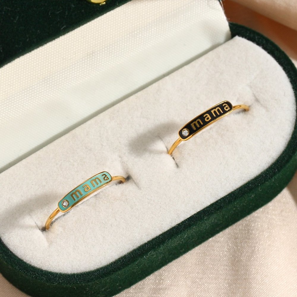 Black Enamel Mama Adjustable Zircon Stackable Ring 18K Gold Plated Stainless - Picture 2 of 7